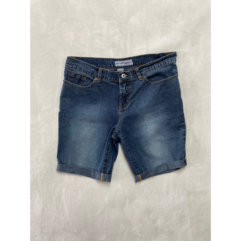New York & Company NY Jeans Women 12 Blue Denim Cuffed Bermuda Shorts Stretch